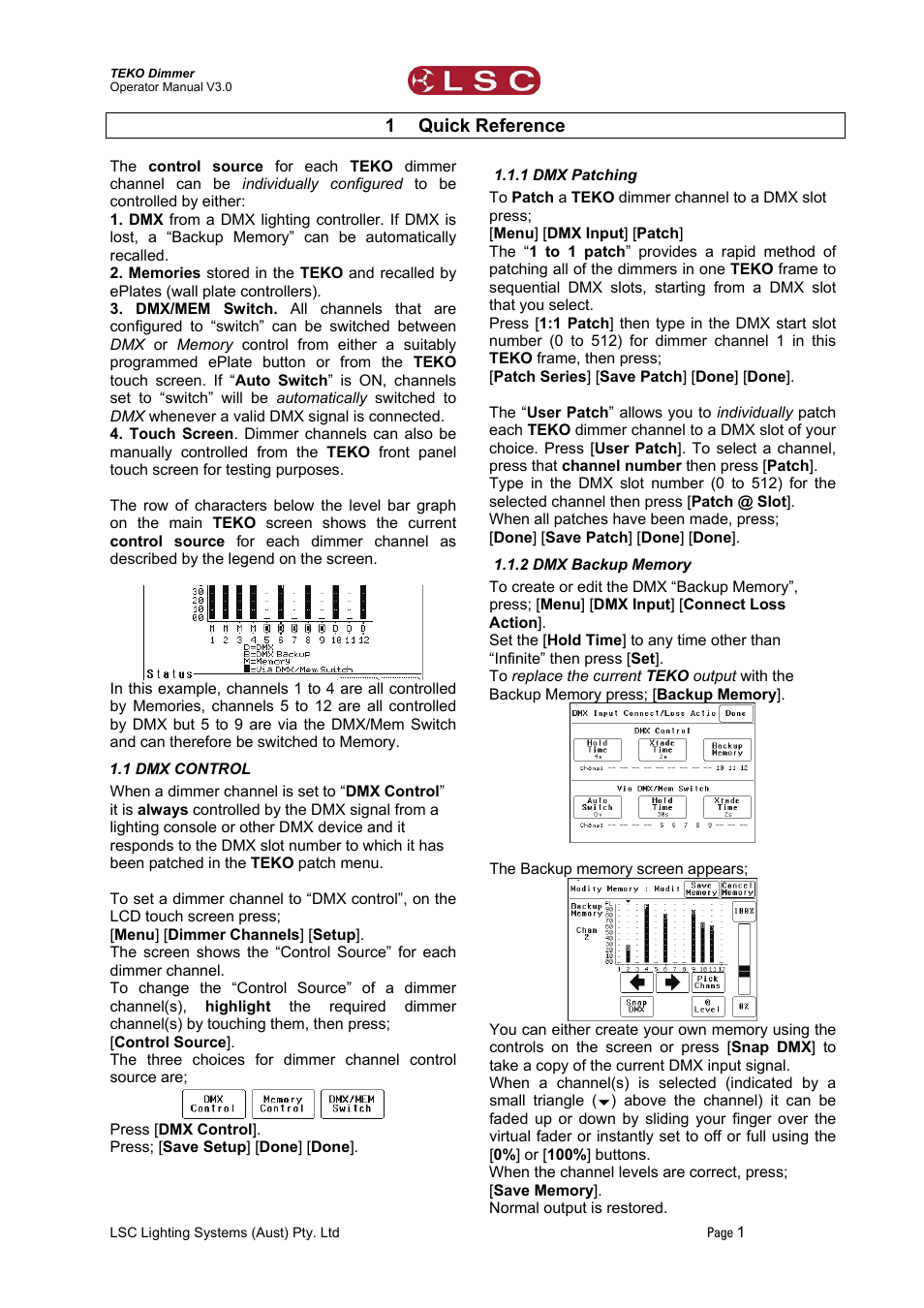 1 quick reference, 1 dmx control, 1 dmx patching | 2 dmx backup memory, Quick reference | LSC Lighting TEKO User Manual | Page 3 / 36