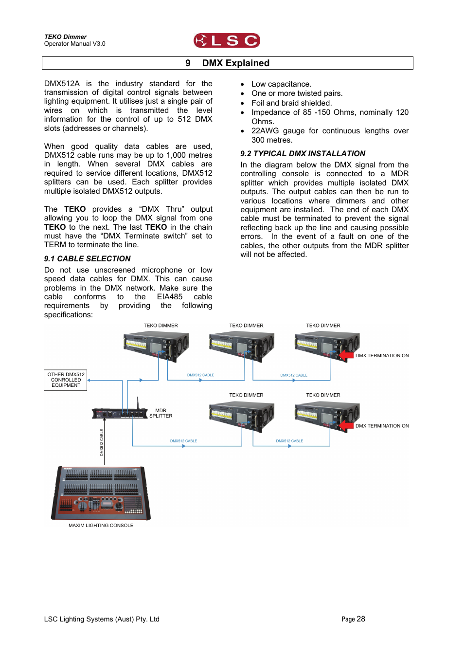 9 dmx explained, 1 cable selection, 2 typical dmx installation | Dmx explained | LSC Lighting TEKO User Manual | Page 30 / 36