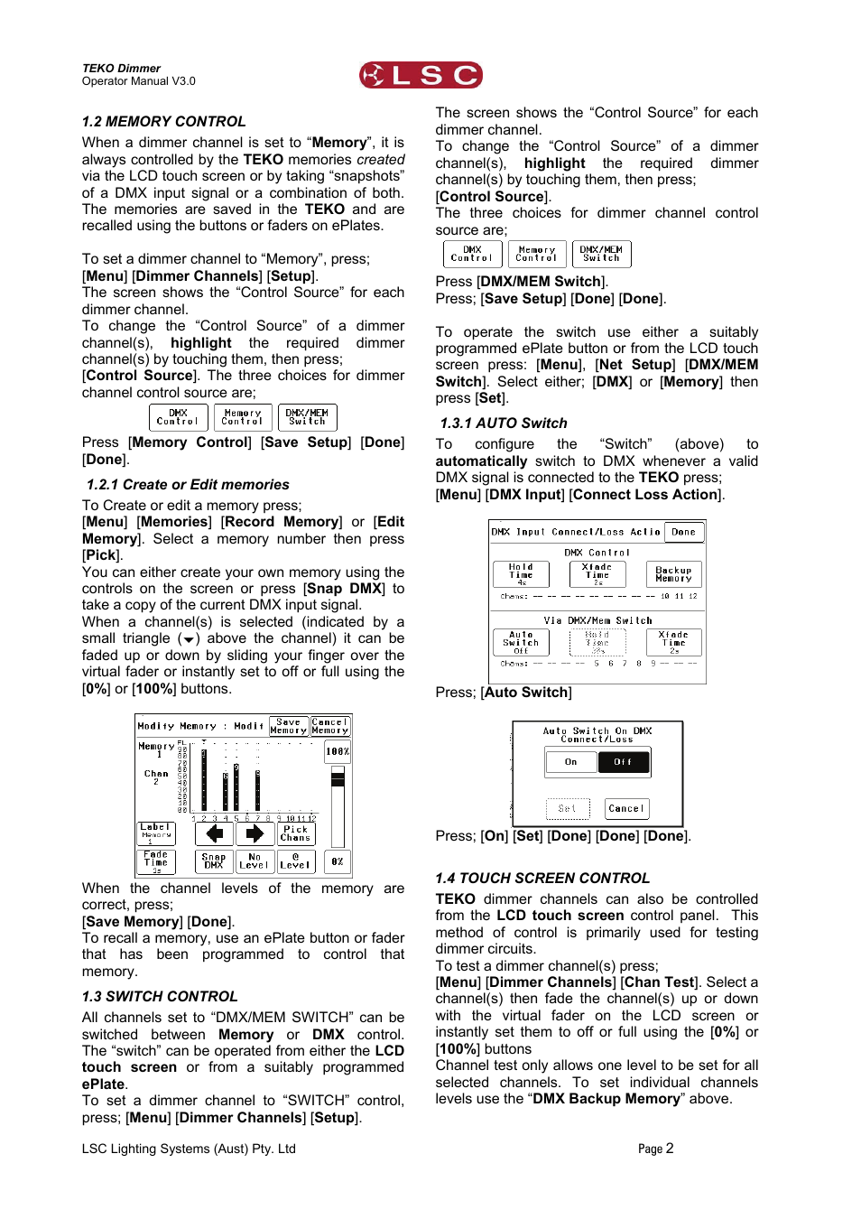 2 memory control, 1 create or edit memories, 3 switch control | 1 auto switch, 4 touch screen control | LSC Lighting TEKO User Manual | Page 4 / 36