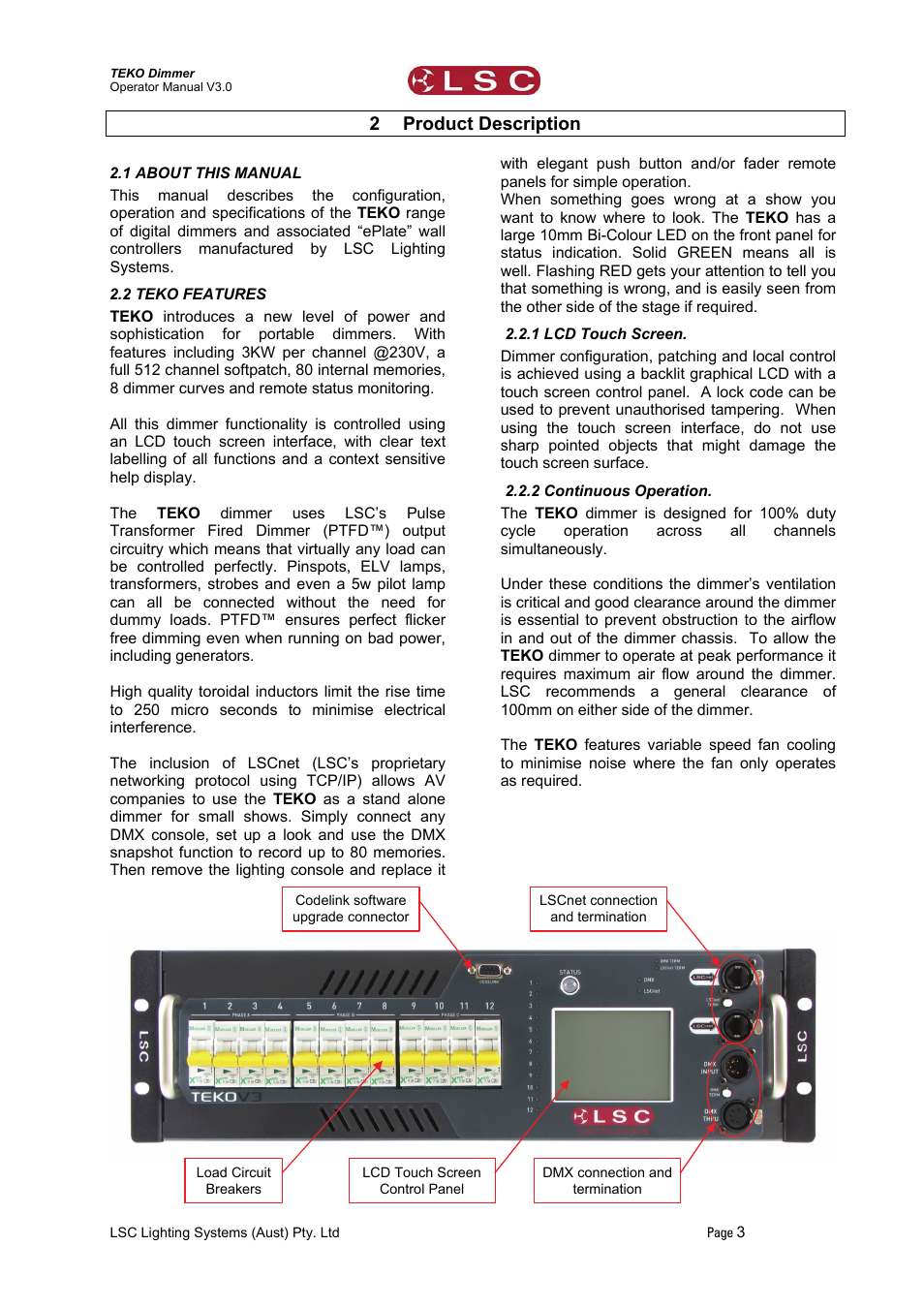 2 product description, 1 about this manual, 2 teko features | 1 lcd touch screen, 2 continuous operation, Product description | LSC Lighting TEKO User Manual | Page 5 / 36