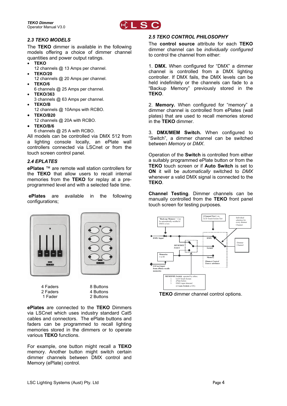 3 teko models, 4 eplates, 5 teko control philosophy | Teko dimmer channel control options | LSC Lighting TEKO User Manual | Page 6 / 36