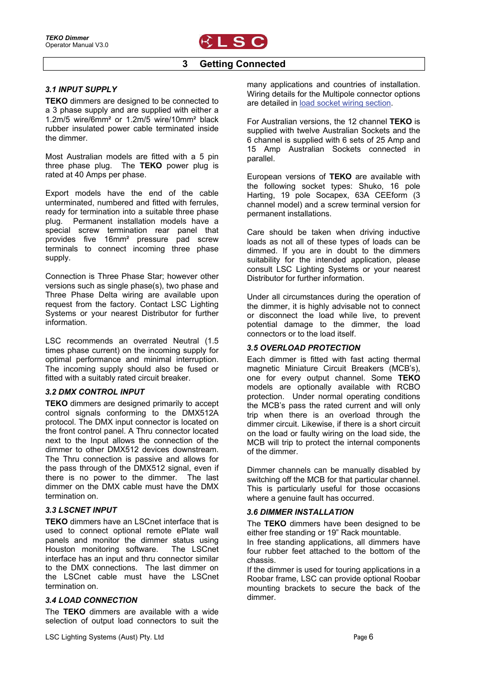3 getting connected, 1 input supply, 2 dmx control input | 3 lscnet input, 4 load connection, 5 overload protection, 6 dimmer installation, Getting connected | LSC Lighting TEKO User Manual | Page 8 / 36
