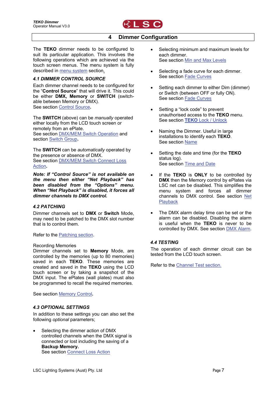 4 dimmer configuration, 1 dimmer control source, 2 patching | 3 optional settings, 4 testing, Dimmer configuration | LSC Lighting TEKO User Manual | Page 9 / 36