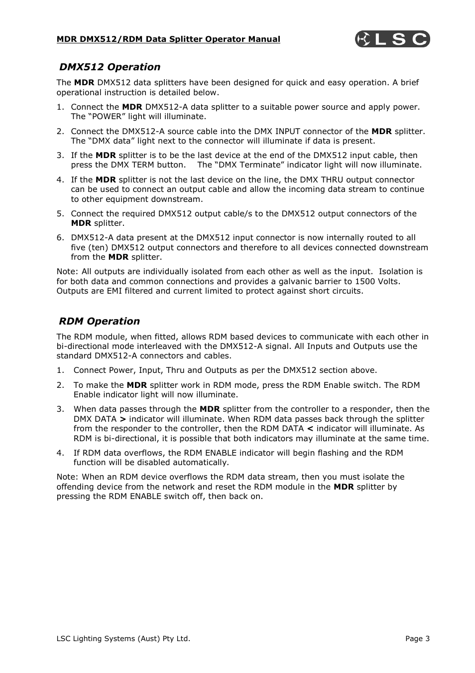 Dmx512 operation, Rdm operation | LSC Lighting MDR Splitter User Manual | Page 5 / 9