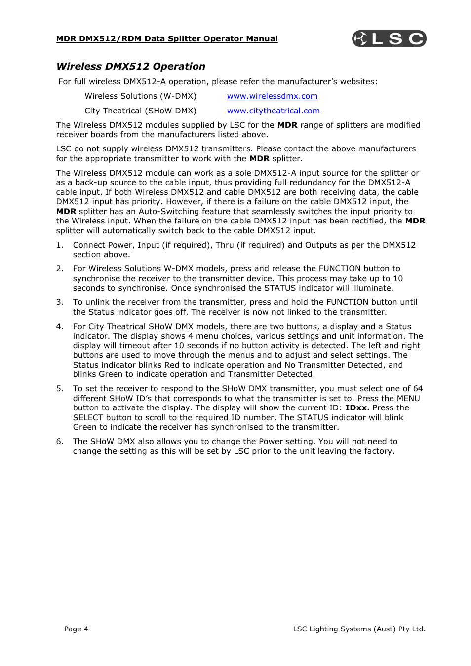 Wireless dmx512 operation | LSC Lighting MDR Splitter User Manual | Page 6 / 9