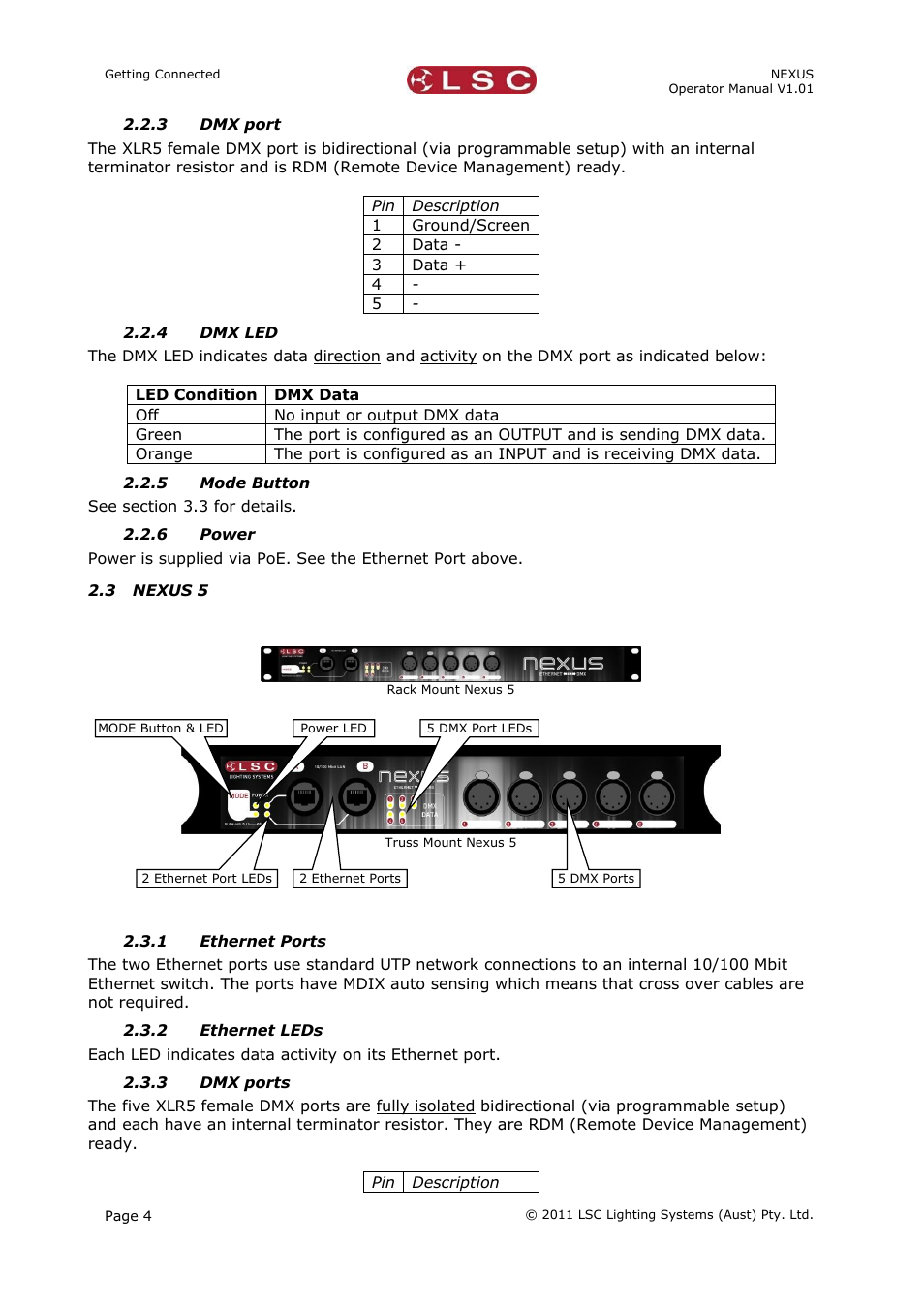 3 dmx port, 4 dmx led, 5 mode button | 6 power, 3 nexus 5, 1 ethernet ports, 2 ethernet leds, 3 dmx ports | LSC Lighting NEXUS User Manual | Page 10 / 44
