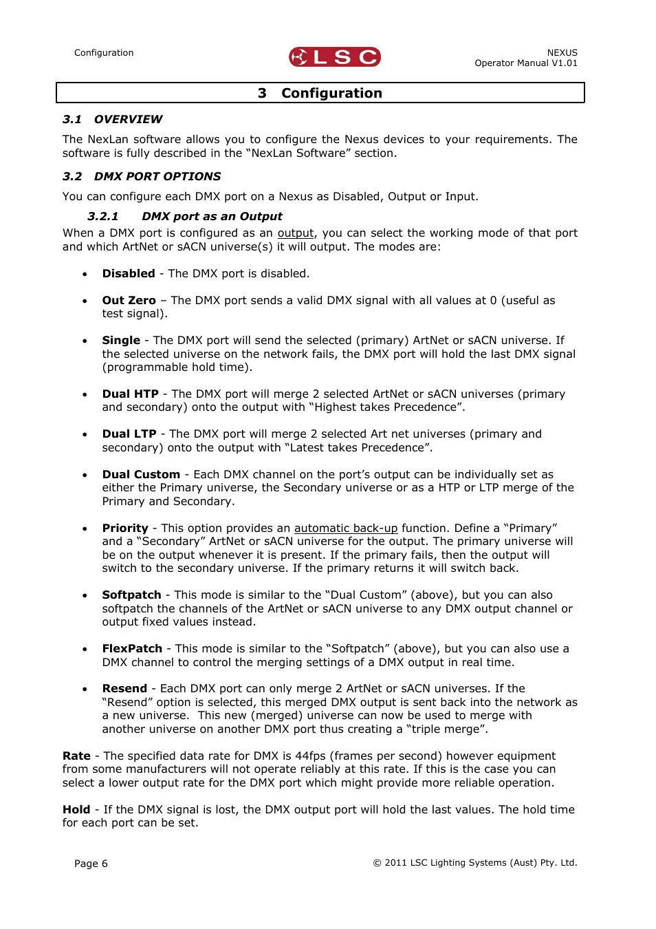 3 configuration, 1 overview, 2 dmx port options | 1 dmx port as an output | LSC Lighting NEXUS User Manual | Page 12 / 44