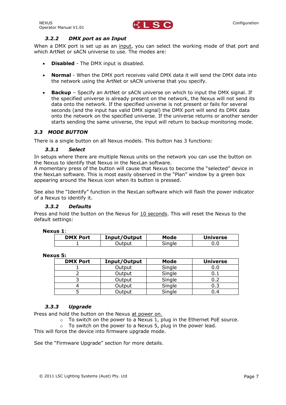 2 dmx port as an input, 3 mode button, 1 select | 2 defaults, 3 upgrade | LSC Lighting NEXUS User Manual | Page 13 / 44