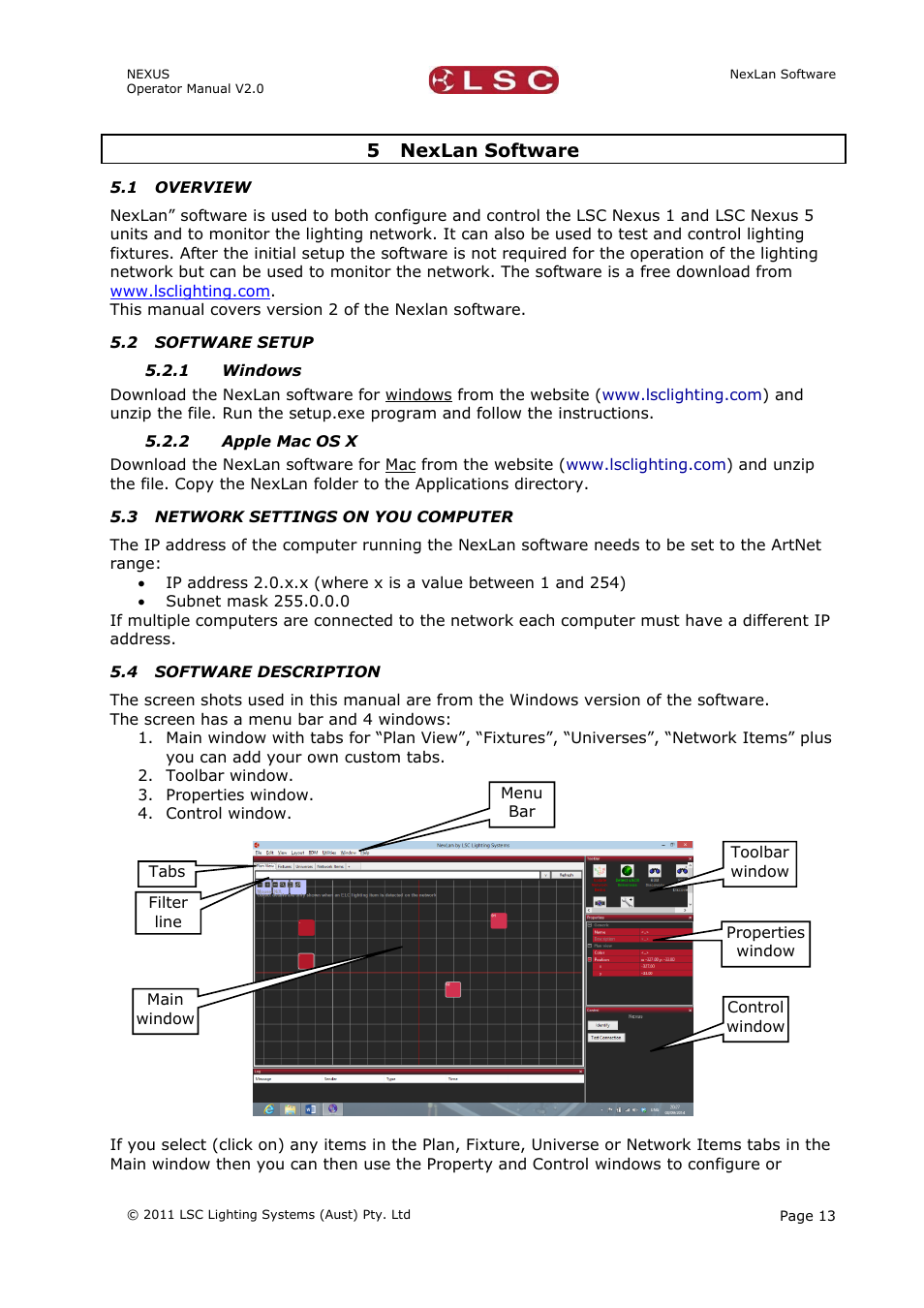 5 nexlan software, 1 overview, 2 software setup | 1 windows, 2 apple mac os x, 3 network settings on you computer, 4 software description | LSC Lighting NEXUS User Manual | Page 19 / 44