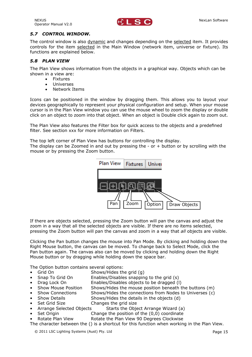 7 control window, 8 plan view | LSC Lighting NEXUS User Manual | Page 21 / 44