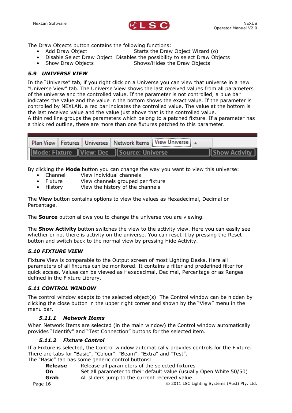 9 universe view, 10 fixture view, 11 control window | 1 network items, 2 fixture control | LSC Lighting NEXUS User Manual | Page 22 / 44