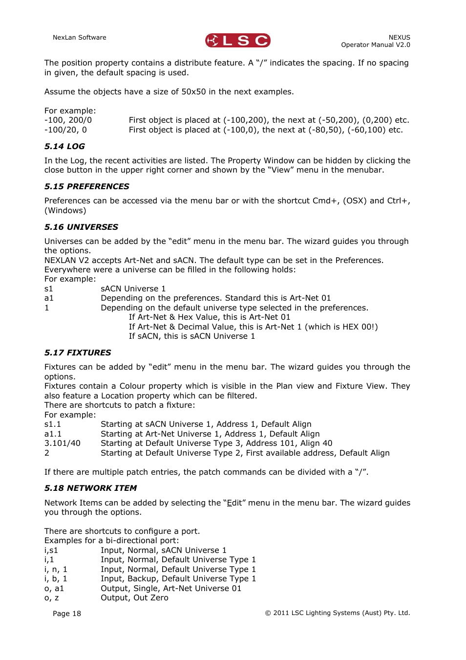 14 log, 15 preferences, 16 universes | 17 fixtures, 18 network item | LSC Lighting NEXUS User Manual | Page 24 / 44
