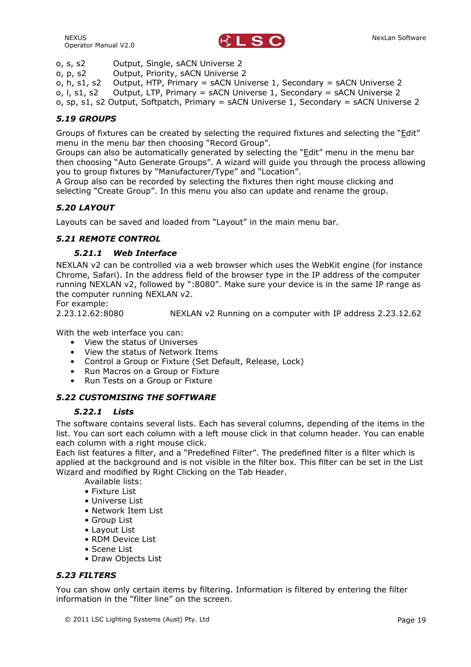19 groups, 20 layout, 21 remote control | 1 web interface, 22 customising the software, 1 lists, 23 filters | LSC Lighting NEXUS User Manual | Page 25 / 44