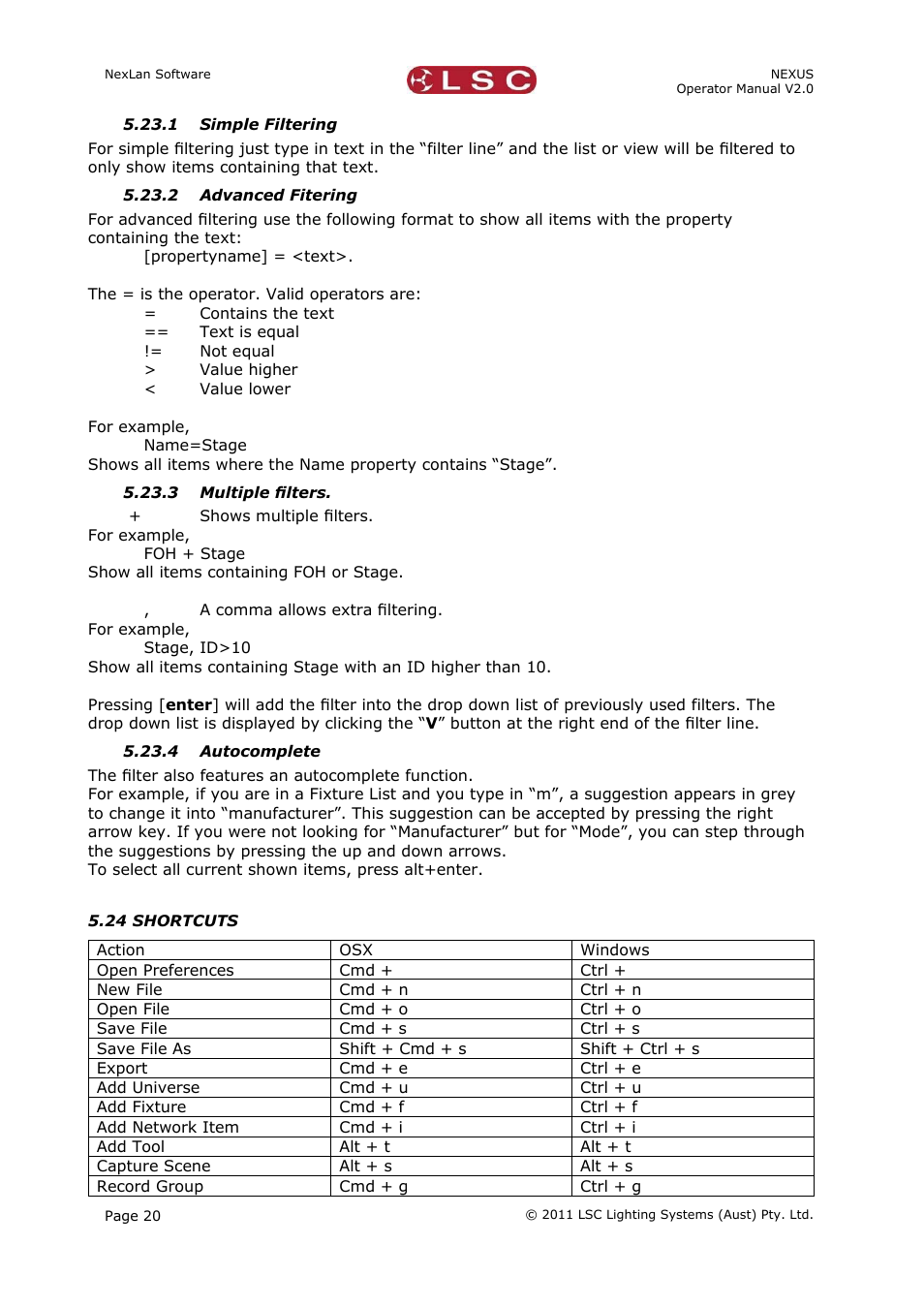 1 simple filtering, 2 advanced fitering, 3 multiple ﬁlters | 4 autocomplete, 24 shortcuts | LSC Lighting NEXUS User Manual | Page 26 / 44