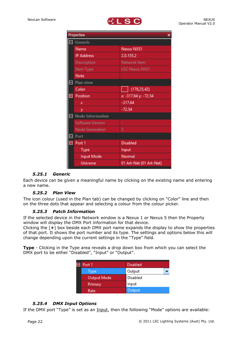 1 generic, 2 plan view, 3 patch information | 4 dmx input options | LSC Lighting NEXUS User Manual | Page 28 / 44