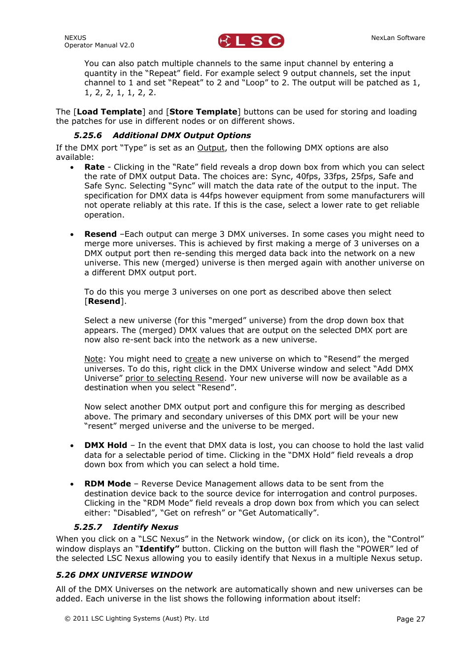 6 additional dmx output options, 7 identify nexus, 26 dmx universe window | LSC Lighting NEXUS User Manual | Page 33 / 44