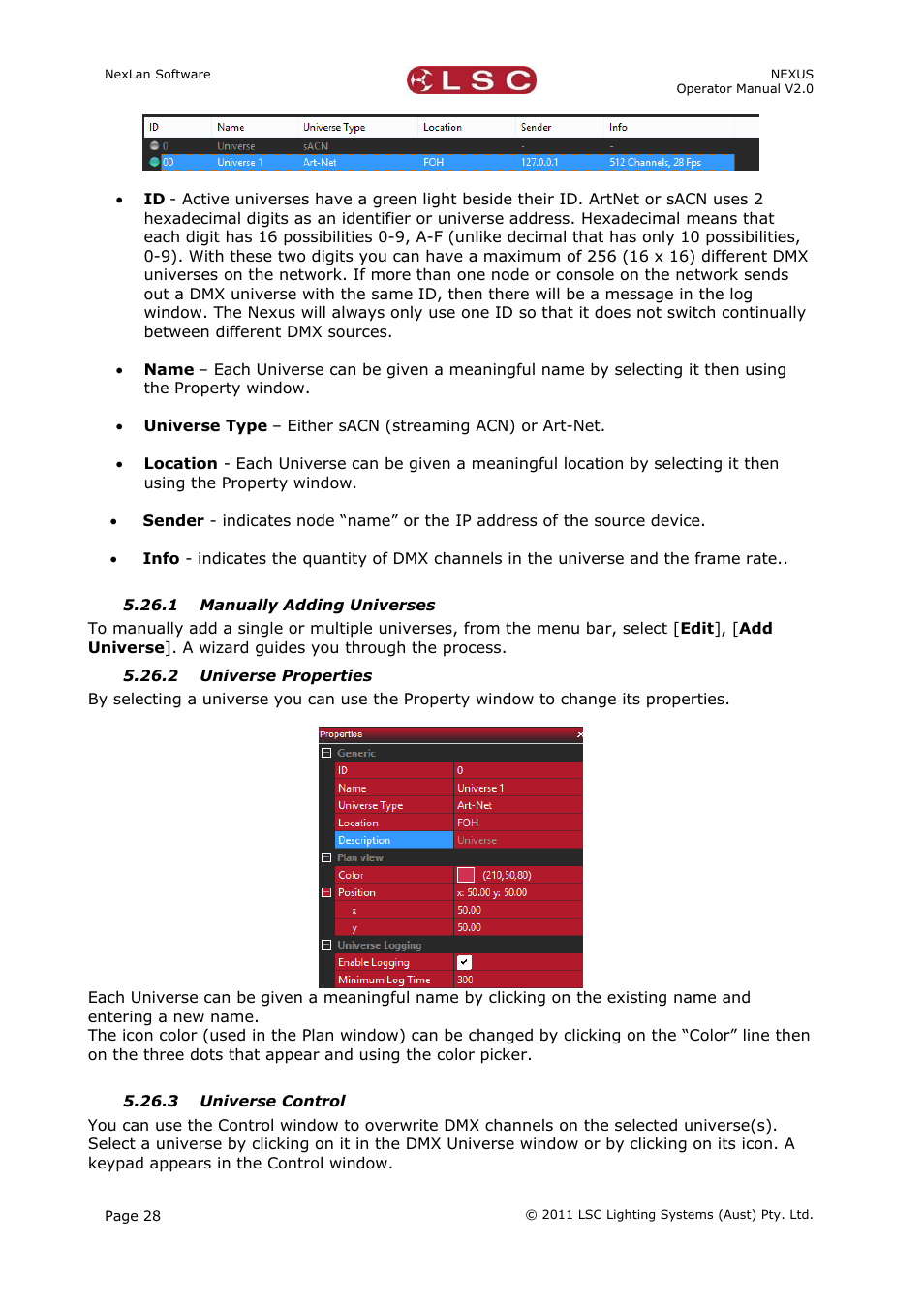 1 manually adding universes, 2 universe properties, 3 universe control | LSC Lighting NEXUS User Manual | Page 34 / 44
