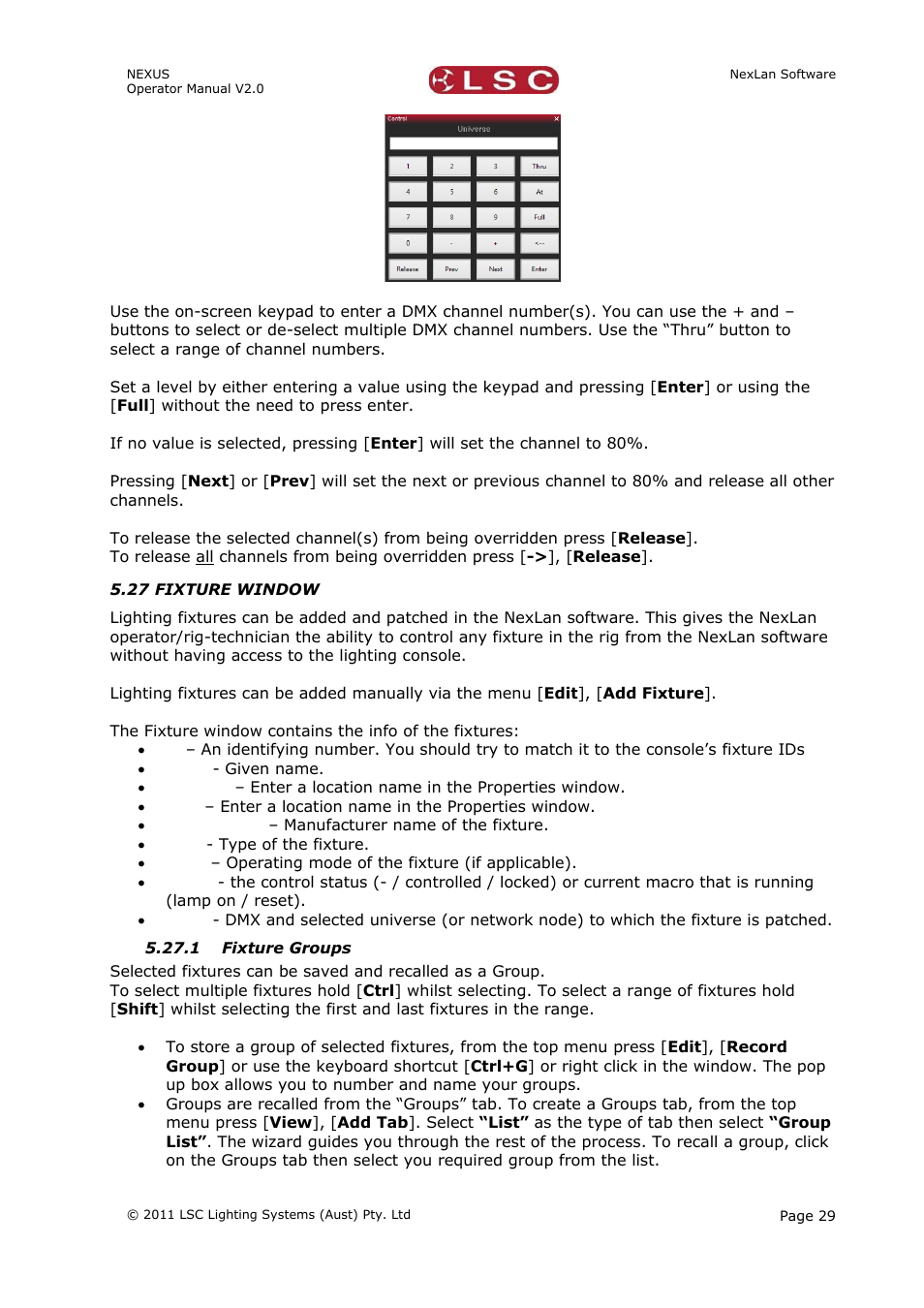 27 fixture window, 1 fixture groups | LSC Lighting NEXUS User Manual | Page 35 / 44