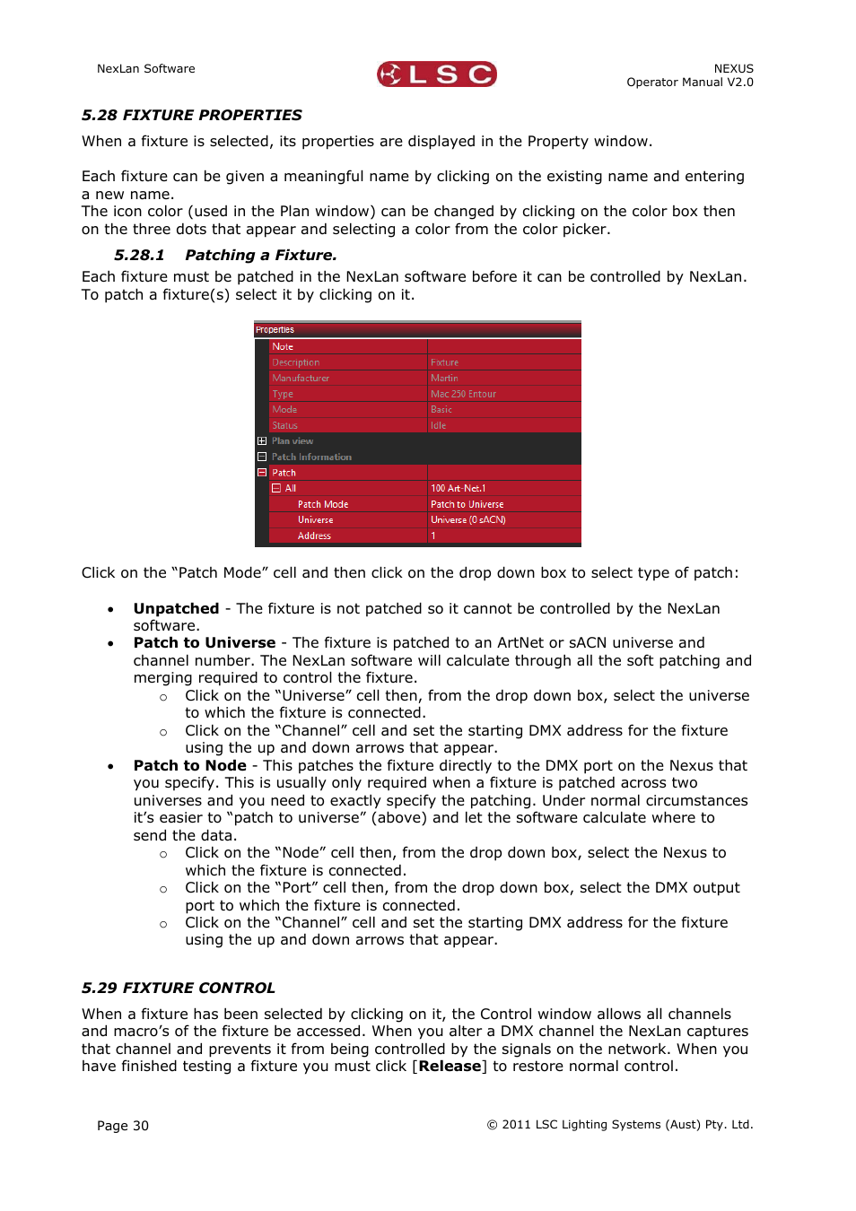 28 fixture properties, 1 patching a fixture, 29 fixture control | LSC Lighting NEXUS User Manual | Page 36 / 44