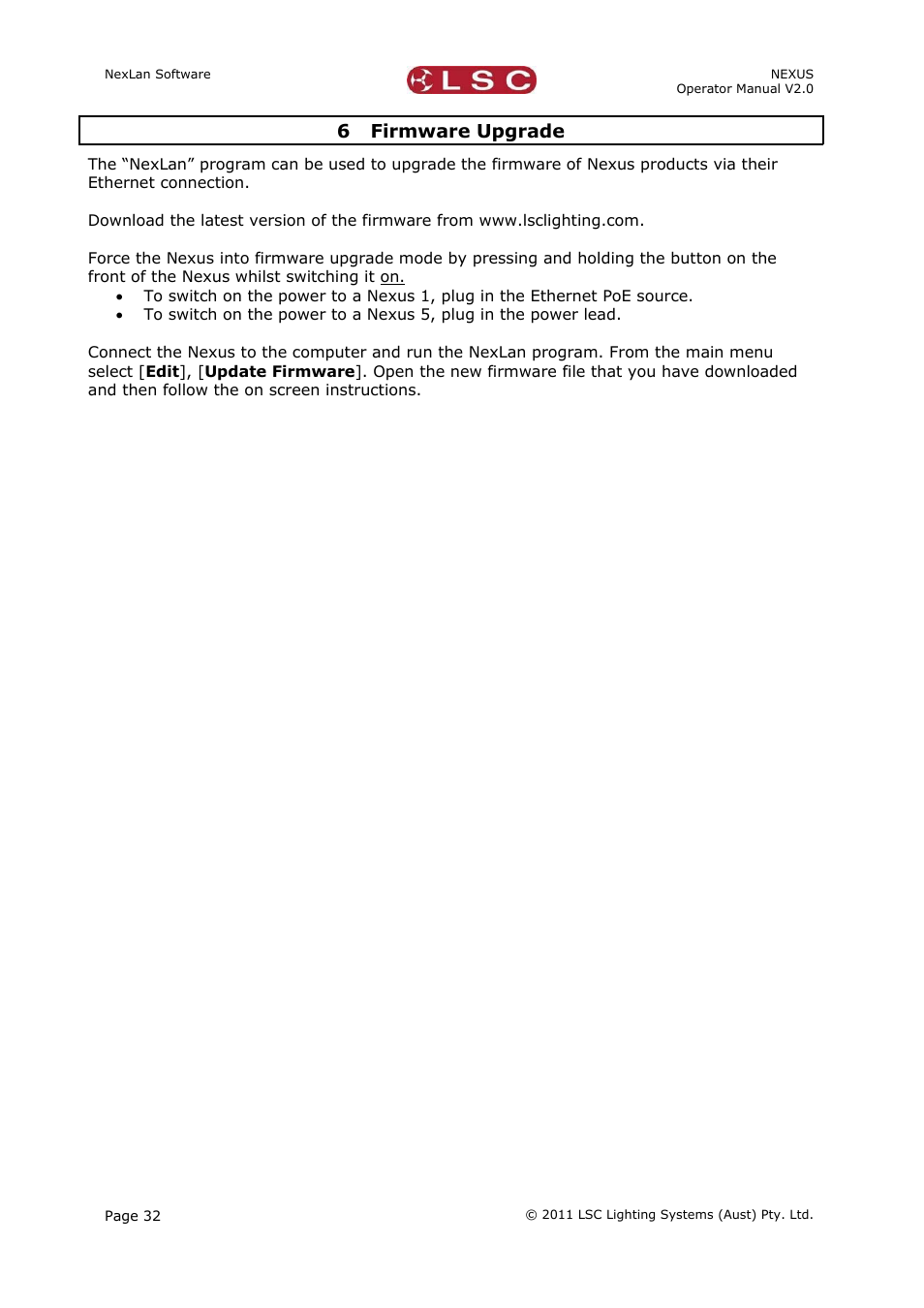 6 firmware upgrade | LSC Lighting NEXUS User Manual | Page 38 / 44