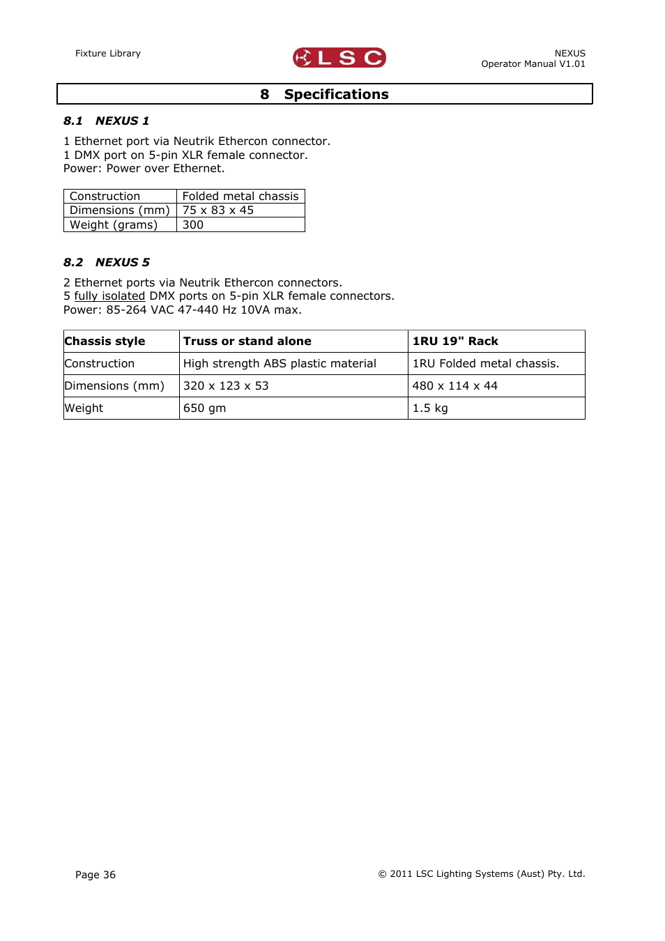 8 specifications, 1 nexus 1, 2 nexus 5 | LSC Lighting NEXUS User Manual | Page 42 / 44