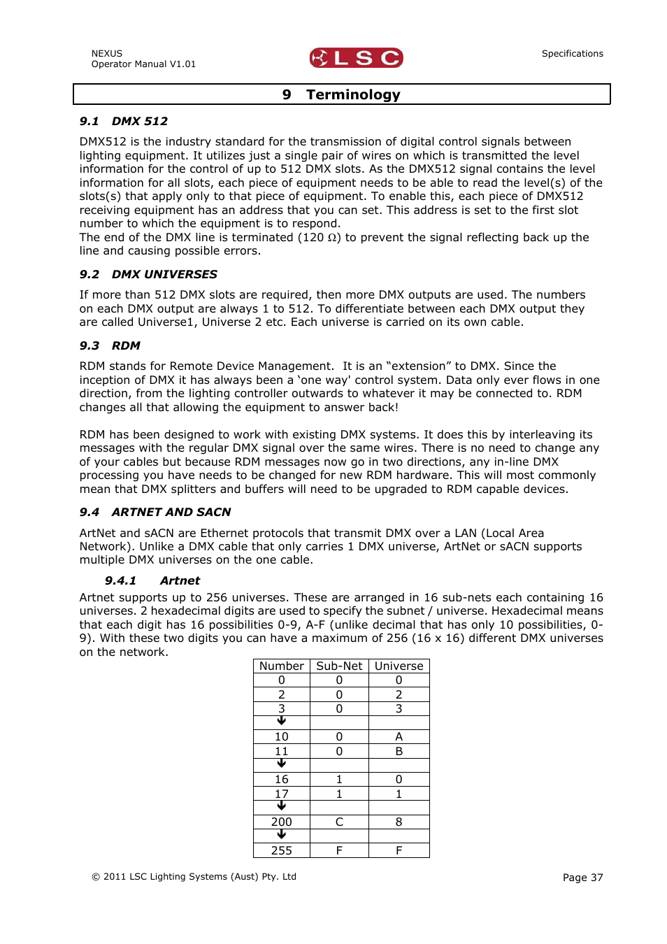 9 terminology, 1 dmx 512, 2 dmx universes | 3 rdm, 4 artnet and sacn, 1 artnet | LSC Lighting NEXUS User Manual | Page 43 / 44