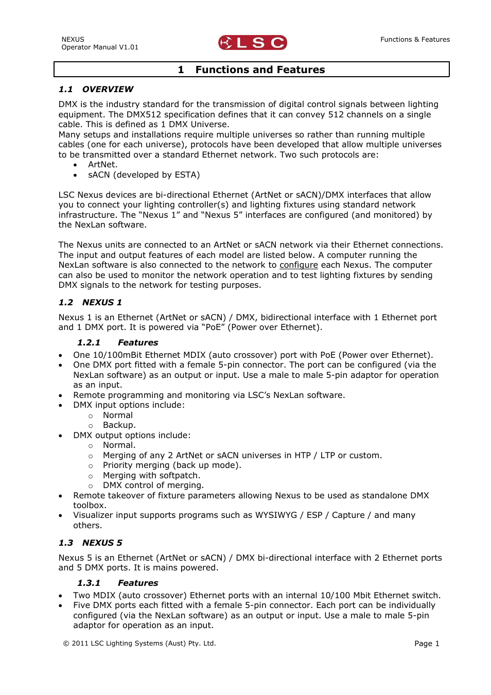 1 functions and features, 1 overview, 2 nexus 1 | 1 features, 3 nexus 5 | LSC Lighting NEXUS User Manual | Page 7 / 44