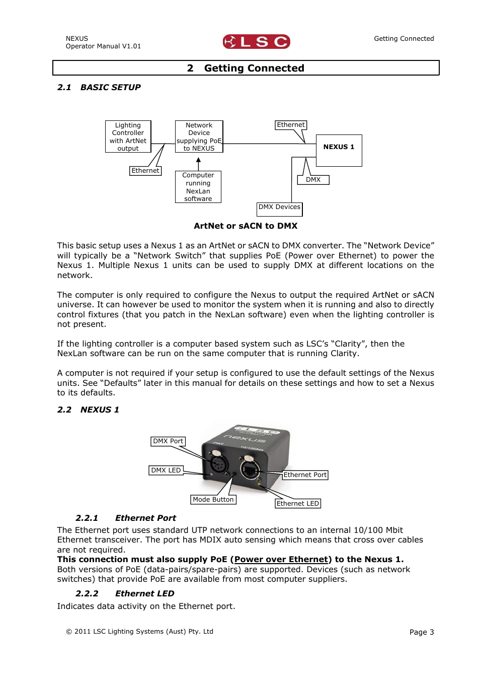 2 getting connected, 1 basic setup, 2 nexus 1 | 1 ethernet port, 2 ethernet led | LSC Lighting NEXUS User Manual | Page 9 / 44