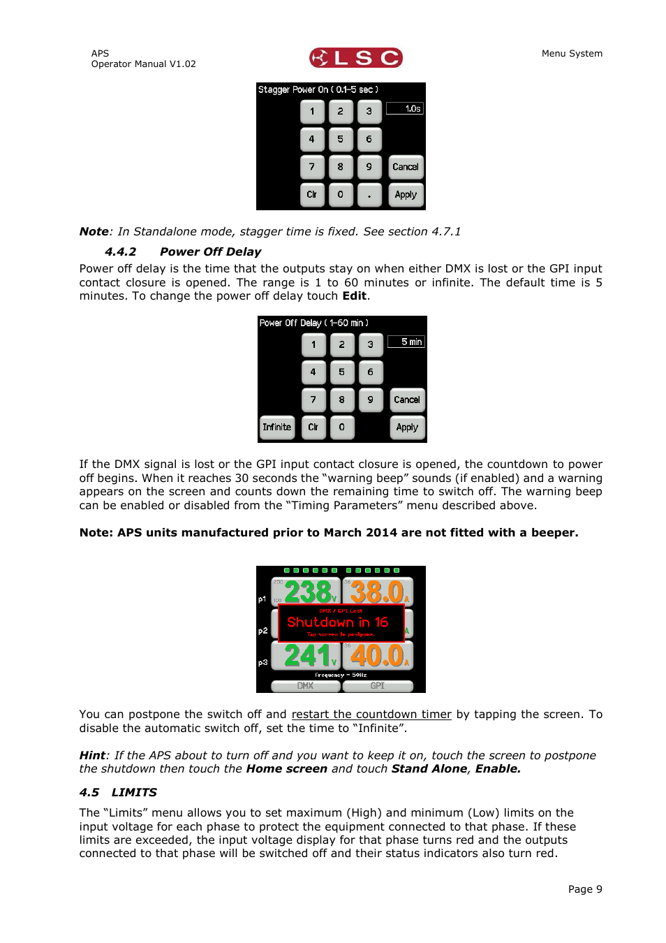 2 power off delay, 5 limits, Power off delay | Limits | LSC Lighting APS User Manual | Page 13 / 22