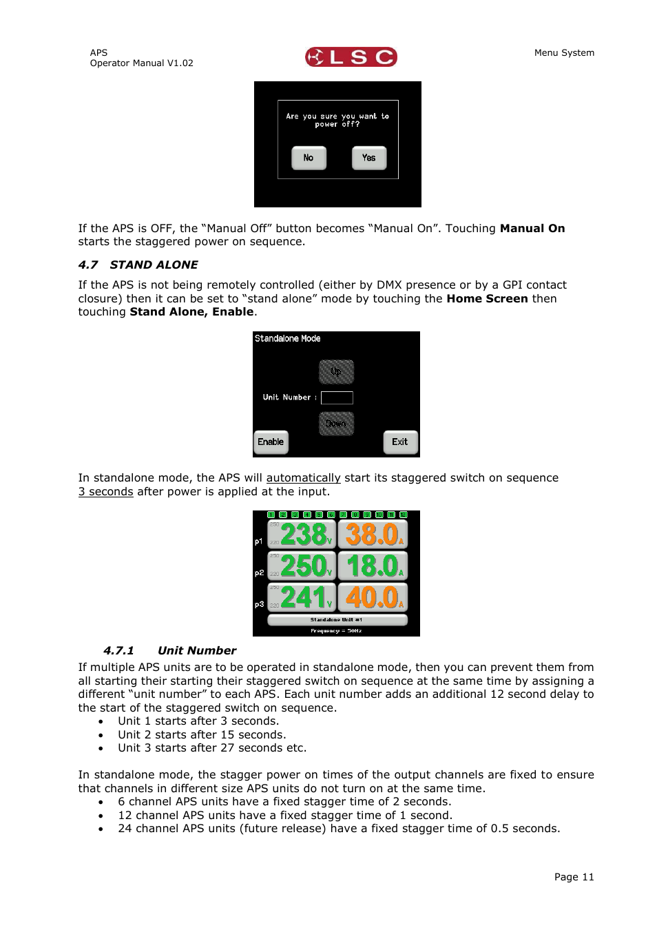 7 stand alone, 1 unit number, Stand alone | Unit number | LSC Lighting APS User Manual | Page 15 / 22