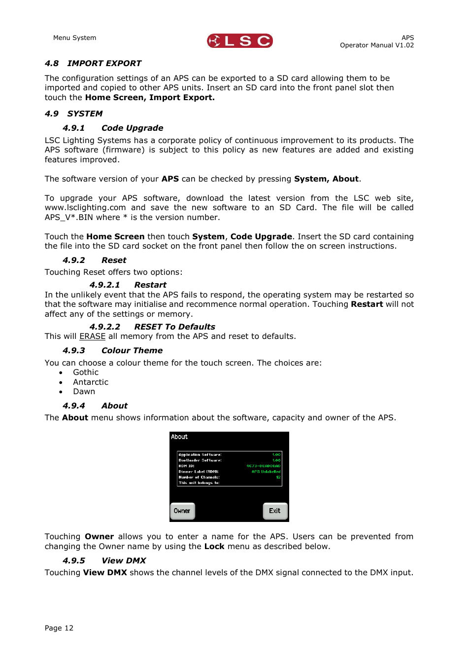 8 import export, 9 system, 1 code upgrade | 2 reset, 1 restart, 2 reset to defaults, 3 colour theme, 4 about, 5 view dmx, Import export | LSC Lighting APS User Manual | Page 16 / 22