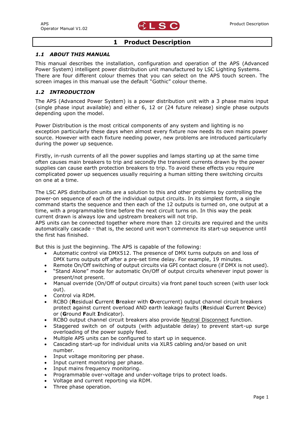 1 product description, 1 about this manual, 2 introduction | Product description, About this manual, Introduction | LSC Lighting APS User Manual | Page 5 / 22