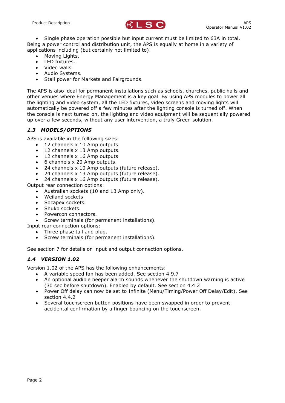 3 models/options, 4 version 1.02, Models/options | Version 1.02 | LSC Lighting APS User Manual | Page 6 / 22