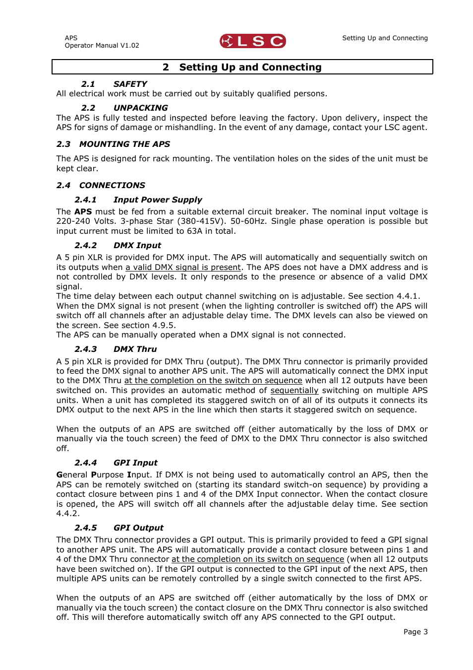 2 setting up and connecting, 1 safety, 2 unpacking | 3 mounting the aps, 4 connections, 1 input power supply, 2 dmx input, 3 dmx thru, 4 gpi input, 5 gpi output | LSC Lighting APS User Manual | Page 7 / 22