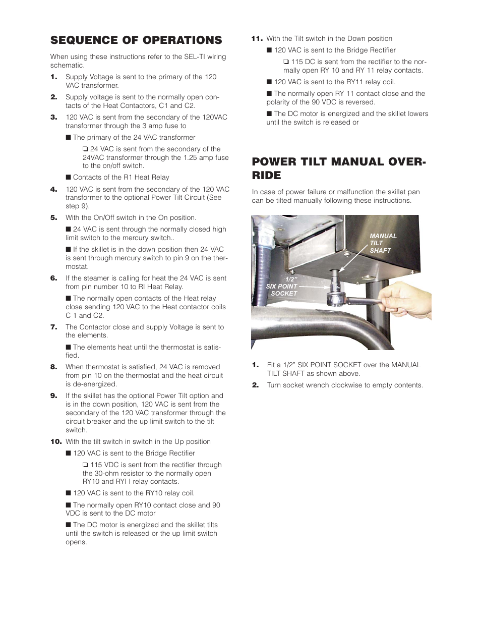 Sequence of operations, Power tilt manual over- ride | Cleveland Range SEL-30-T1 User Manual | Page 18 / 20