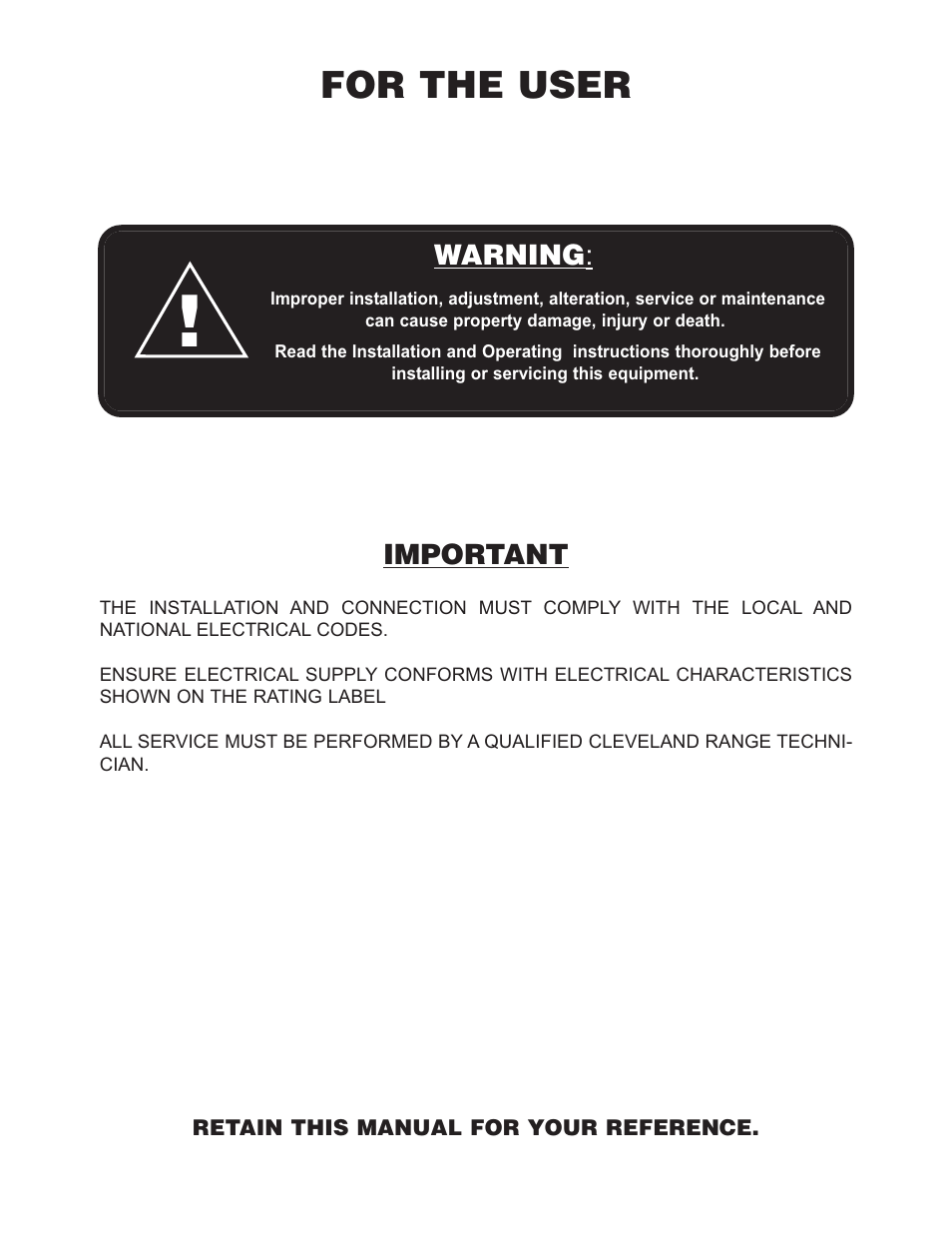 For the user | Cleveland Range SEL-30-T1 User Manual | Page 2 / 20