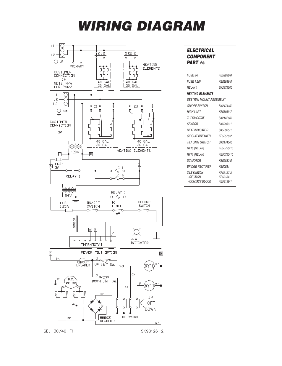 Wiring diagram, Electrical component part #s | Cleveland Range SEL-30-T1 User Manual | Page 20 / 20