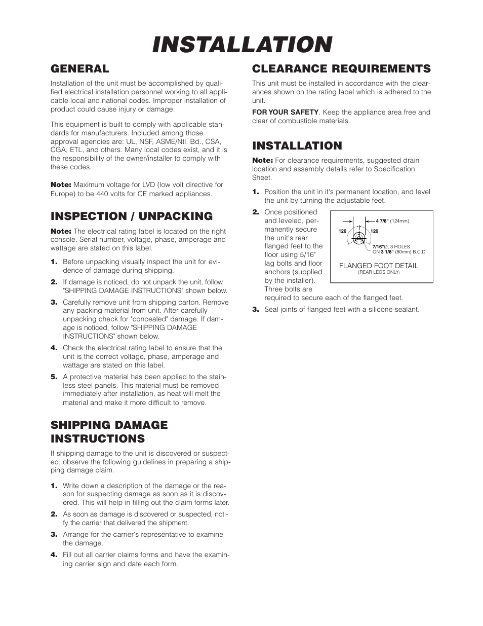 General, Inspection / unpacking, Shipping damage instructions | Clearance requirements, Installation | Cleveland Range SEL-30-T1 User Manual | Page 3 / 20