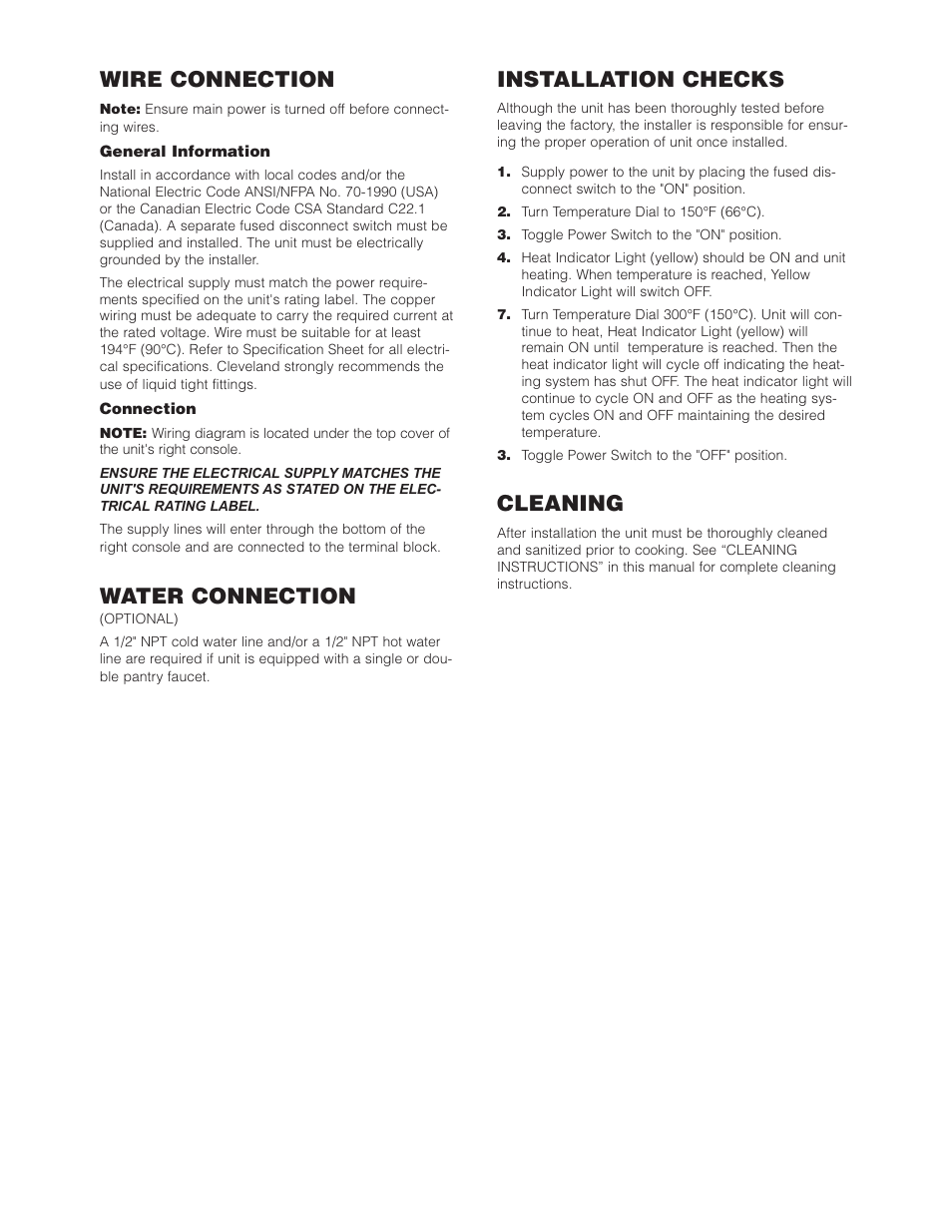 Wire connection, Water connection, Installation checks | Cleaning | Cleveland Range SEL-30-T1 User Manual | Page 4 / 20