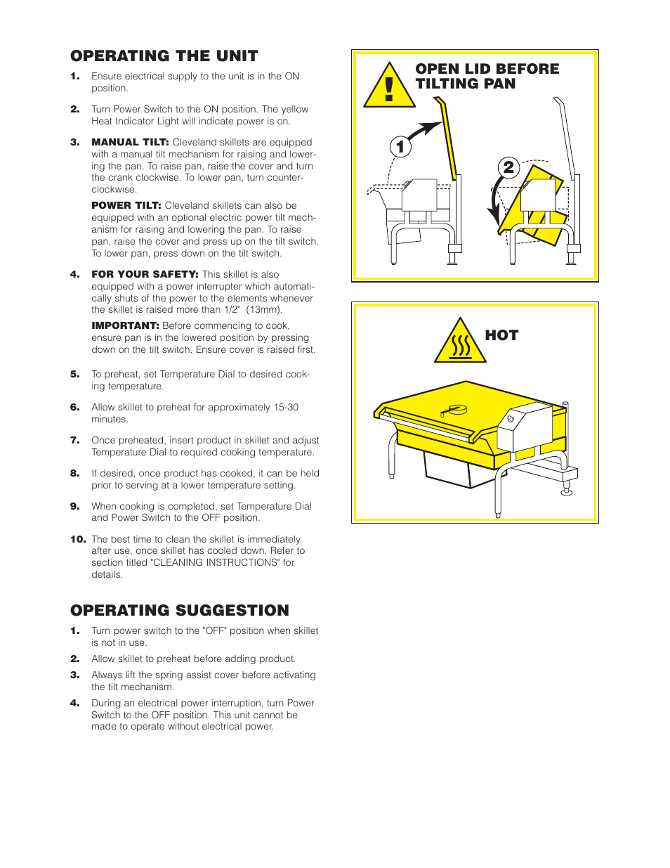 Operating the unit, Operating suggestion, Hot open lid before tilting pan | Cleveland Range SEL-30-T1 User Manual | Page 6 / 20