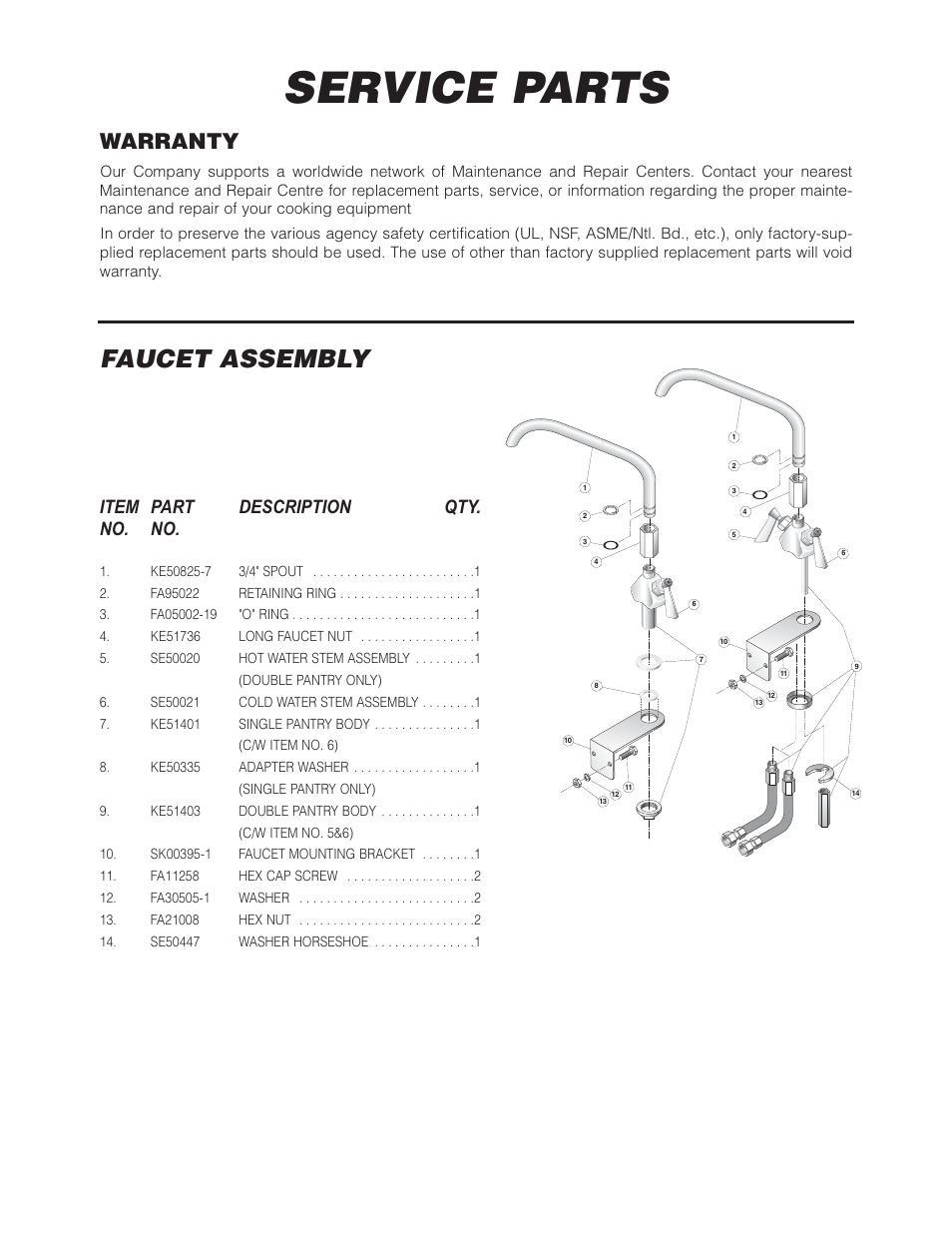 Service parts, Faucet assembly, Warranty | Item part description qty. no. no | Cleveland Range SEL-30-T1 User Manual | Page 9 / 20