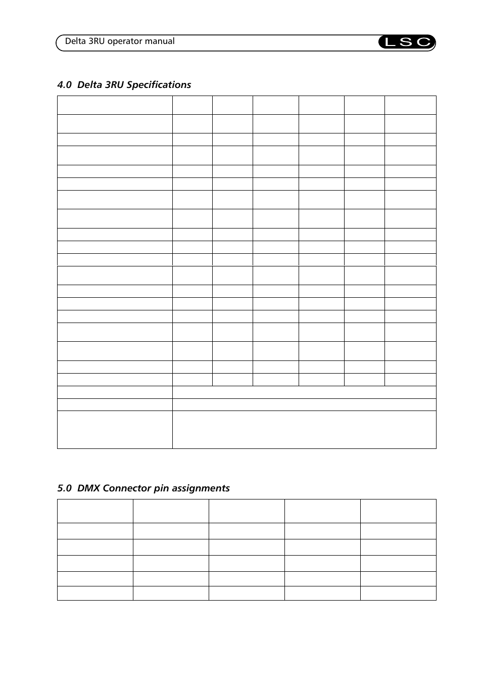 0 delta 3ru specifications, 0 dmx connector pin assignments | LSC Lighting Delta 3RU User Manual | Page 6 / 7