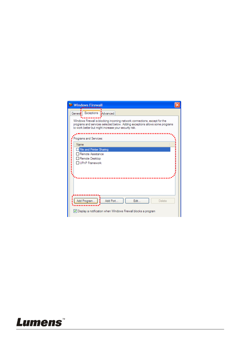 Change the setting of firewall, Windows xp, 2 change the setting of firewall | Lumens Technology DC-A11 User Manual | Page 36 / 63