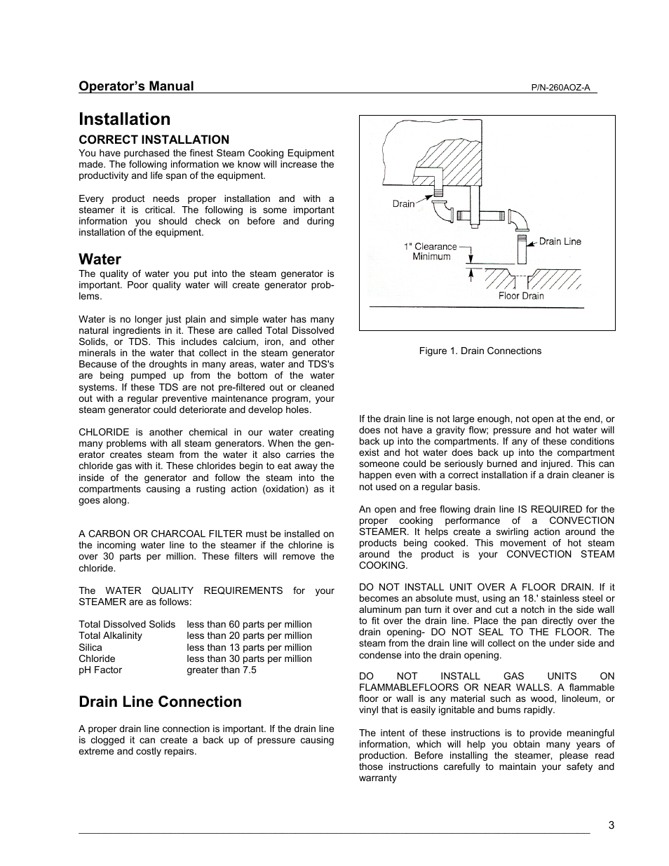 Installation, Correct installation, Water quality | Drain line connection, Water | Cleveland Range 24/36CGM User Manual | Page 3 / 23
