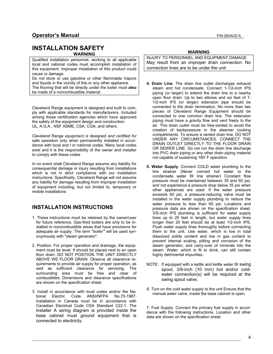Installation safety, Installation instructions | Cleveland Range 24/36CGM User Manual | Page 4 / 23