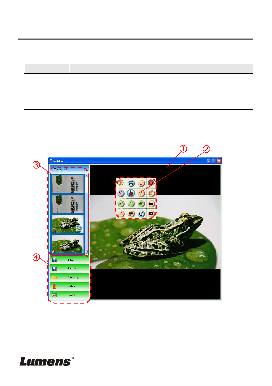 Chapter 6 function menu, 1 function descriptions of control panel button, 2 software screen introduction | Lumens Technology DC125 User Manual | Page 20 / 50