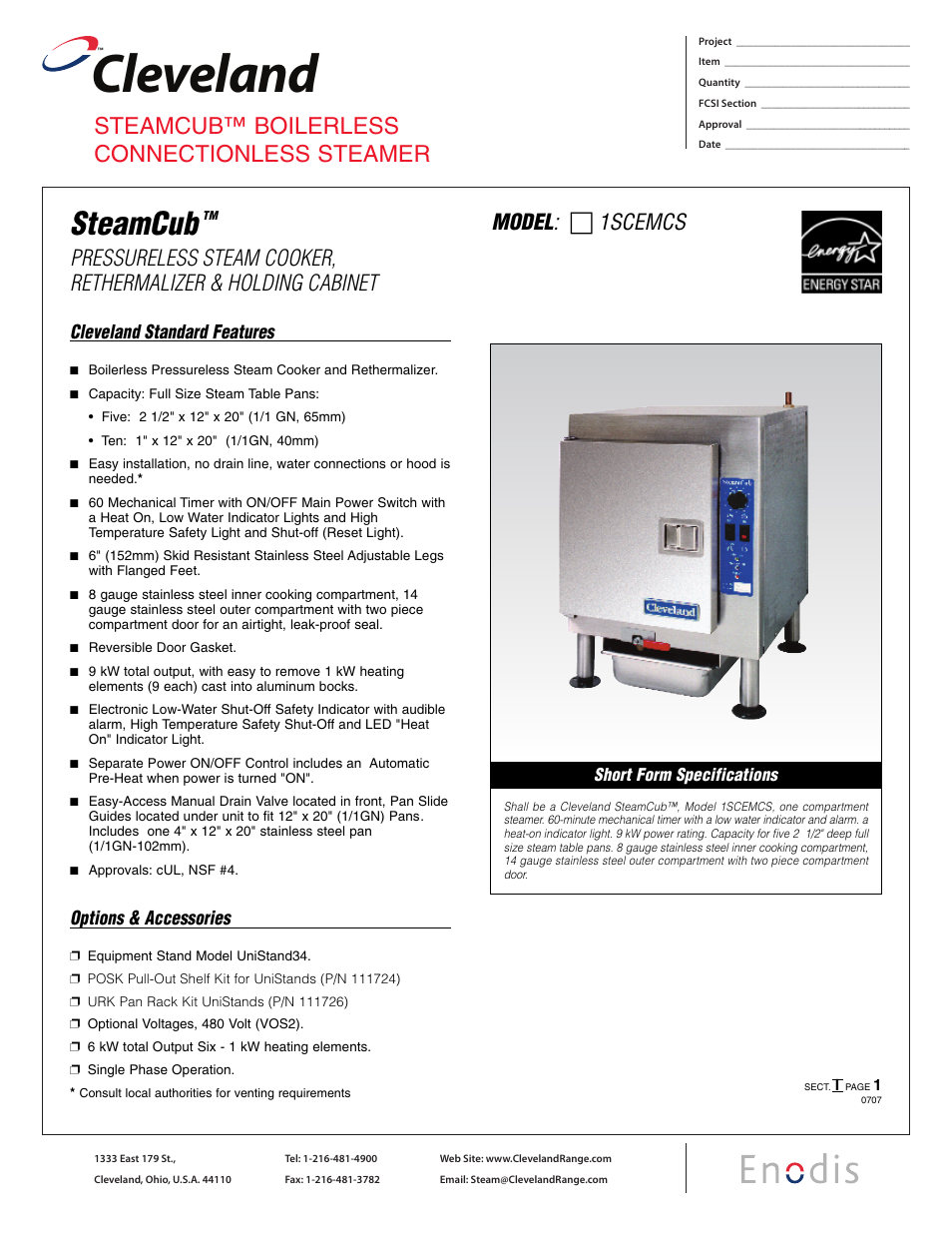 Cleveland Range SteamCub 1SCEMCS User Manual | 2 pages