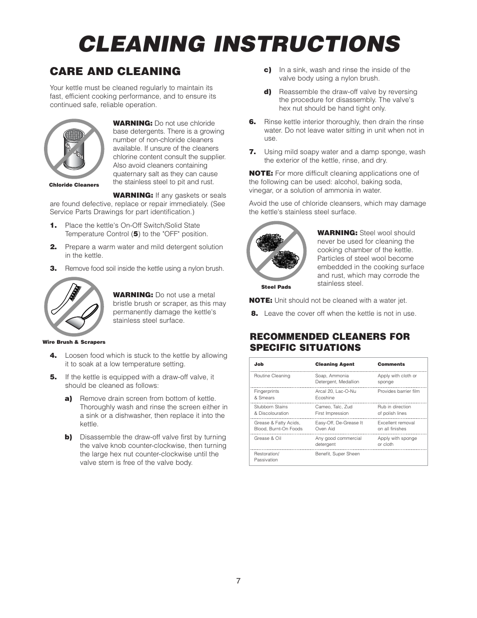 Cleaning instructions, Care and cleaning, Recommended cleaners for specific situations | Cleveland Range KCL-25-T User Manual | Page 10 / 36