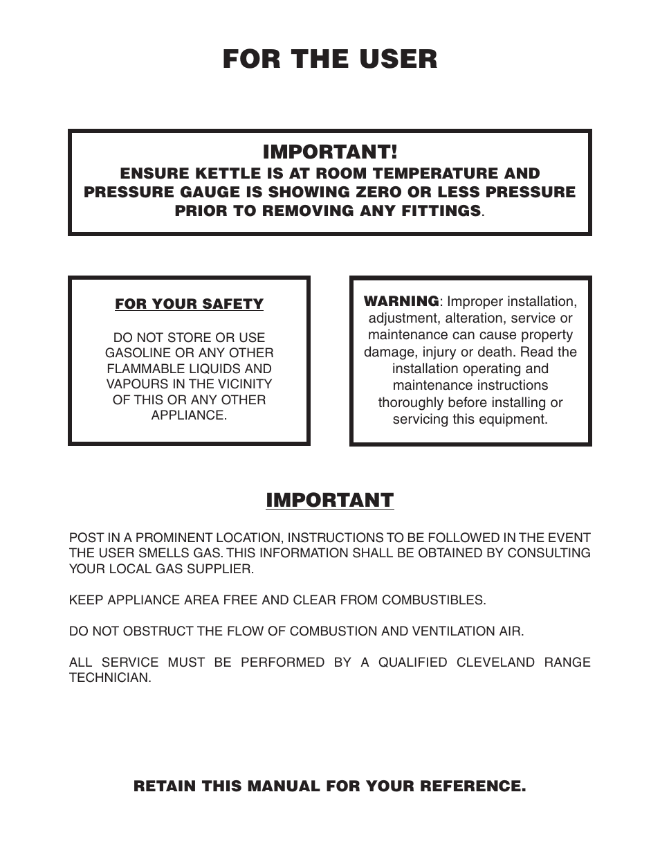 For the user, Important | Cleveland Range KCL-25-T User Manual | Page 2 / 36