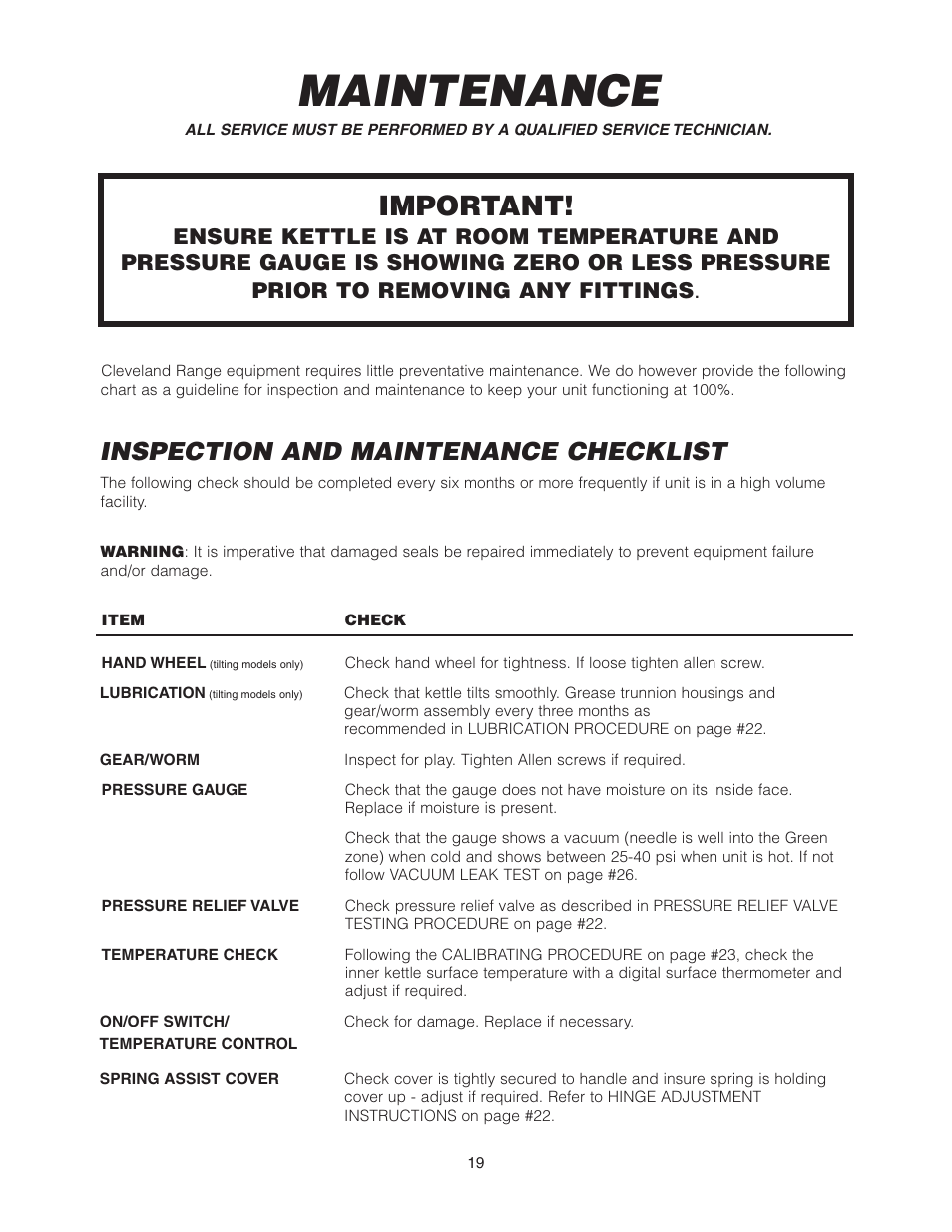 Maintenance, Important, Inspection and maintenance checklist | Cleveland Range KCL-25-T User Manual | Page 22 / 36